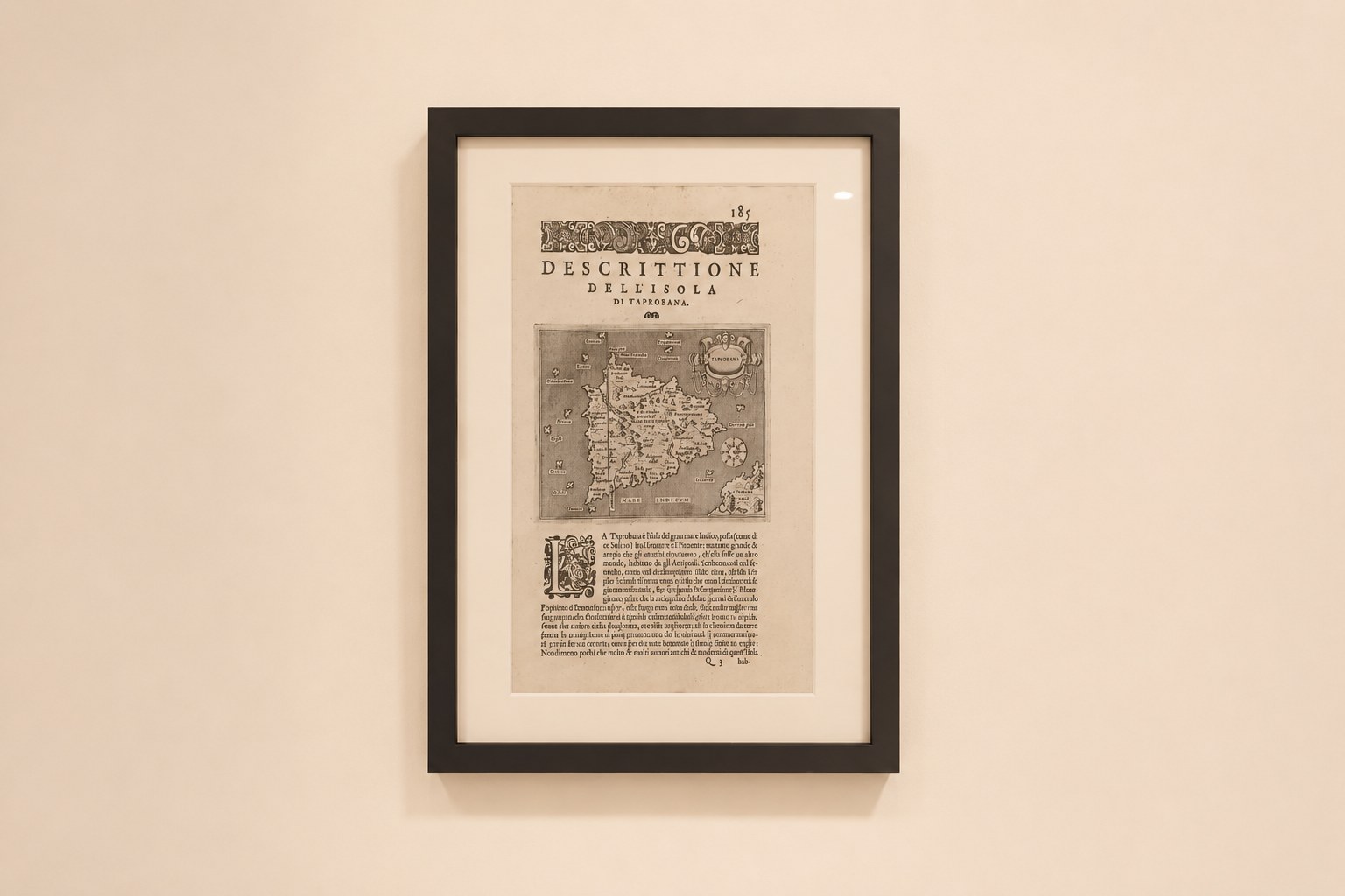 Original 16th-century copperplate engraved map of Taprobana by Tomaso Porcacchi, Venice c.1590, with title cartouche and sailing ship decoration, conservation framed
