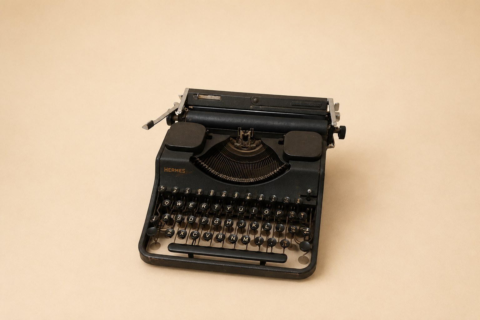 Hermes Media portable typewriter by Paillard S.A. in its original metal carry case with QWERTY keyboard and Taylor's Typewriter Co. dealer badge