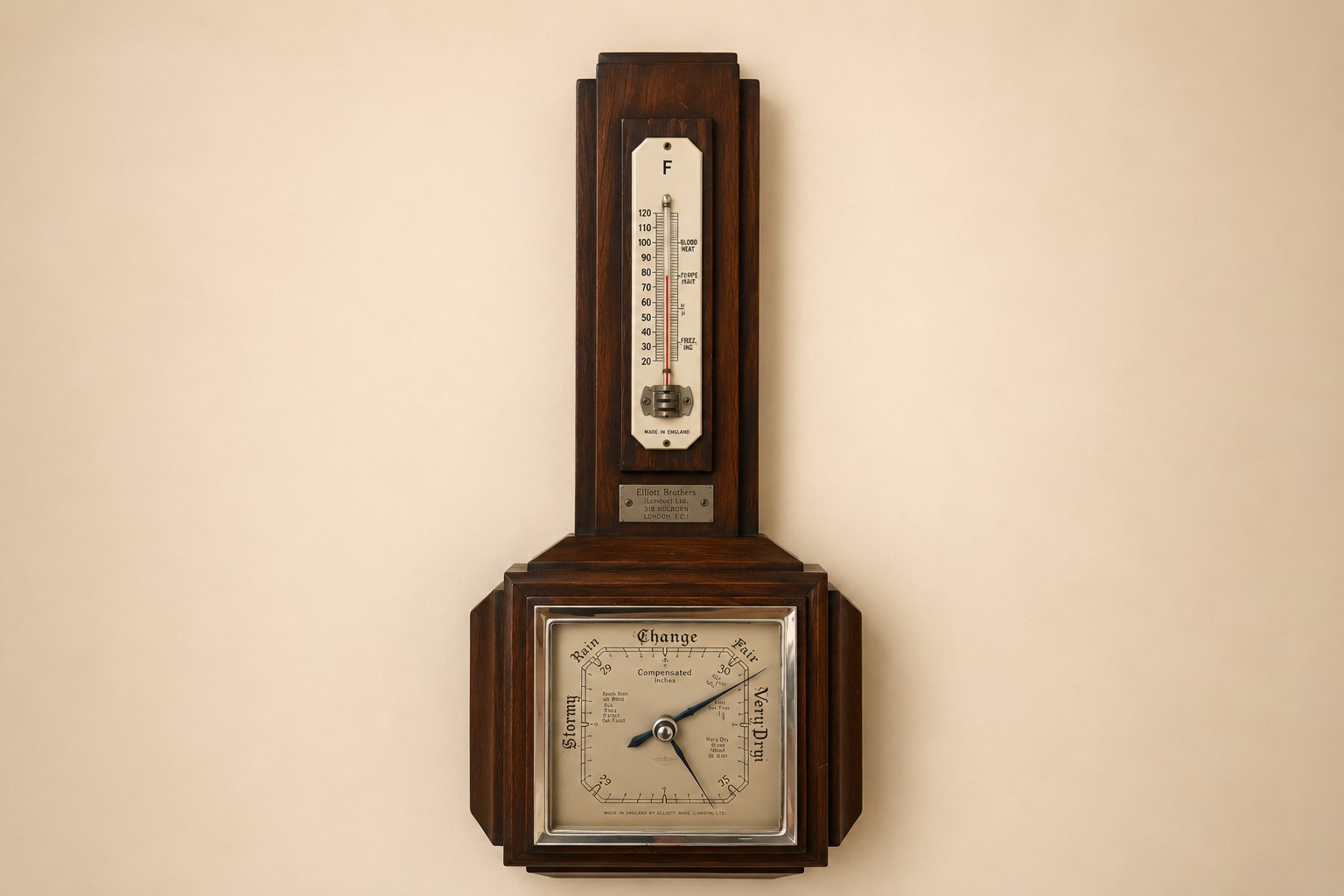 Shortland Brothers SB wall barometer and thermometer in Art Deco dark oak case with chrome-bezelled square barometer dial and brass Saltash United F.C. dedication plaque dated 22 November 1947